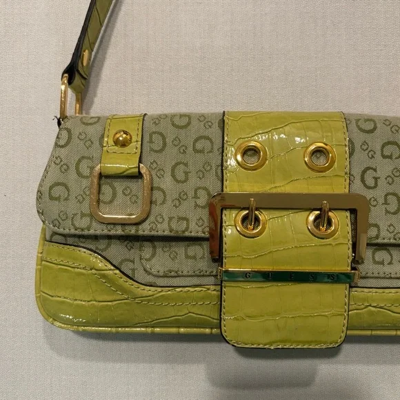 Vintage GUESS Y2K Green Shoulder Bag Monogram Brass Buckle Purse Croc Pattern - Picture 2 of 16
